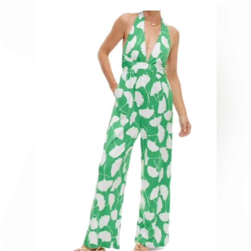 Diane Von Furstenberg Green and White Botanical Jumpsuit